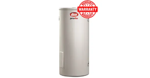 Dux Proflo electric water storage heater with warranty badge