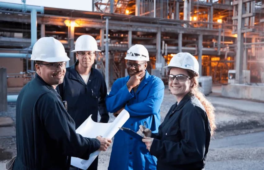 Engineers smiling and standing in front of manufacturing plant