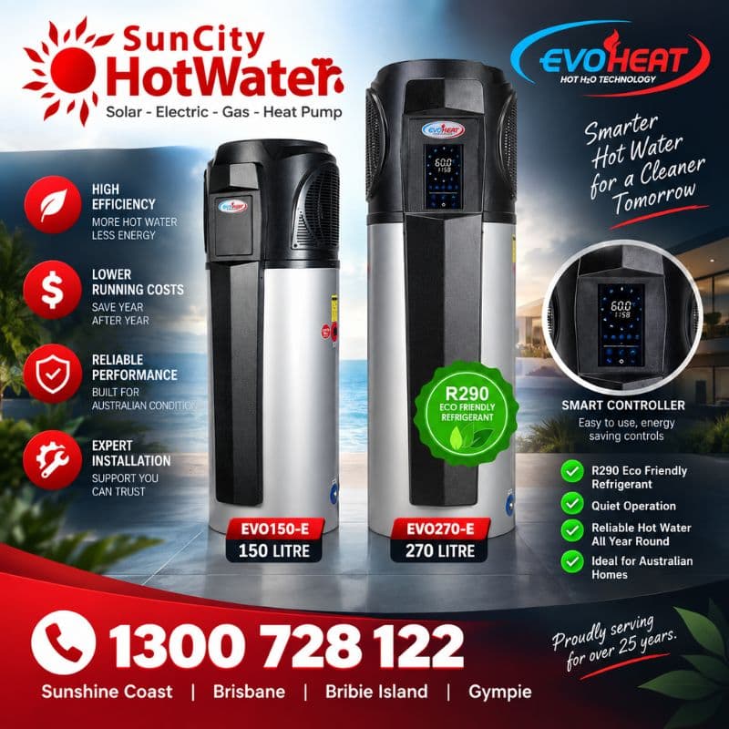 EvoHeat EVO270-E and EVO150-E hot water heat pumps — Brisbane & Sunshine Coast