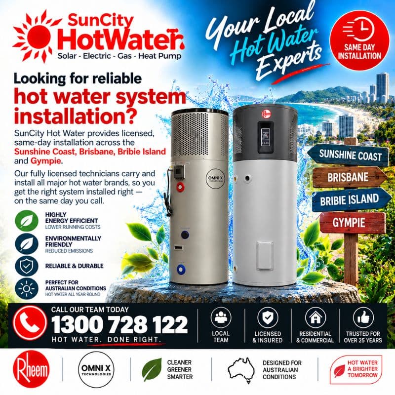 SunCity technician installing a hot water system on the Sunshine Coast