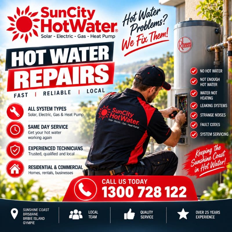 SunCity Hot Water technician repairing a hot water system on the Sunshine Coast