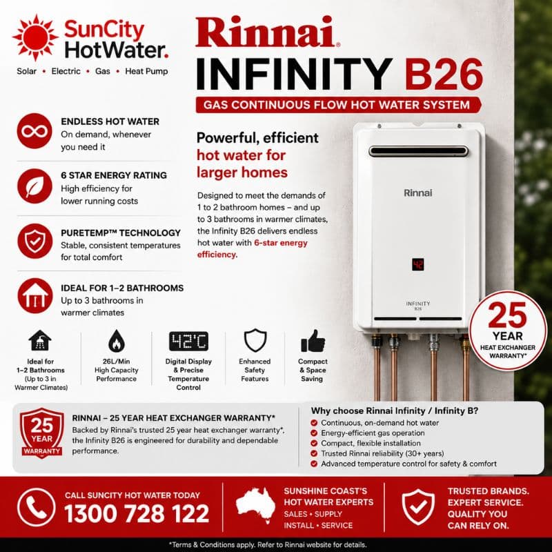Rinnai Infinity B26 hot water systems supplied and installed across the Sunshine Coast & Brisbane