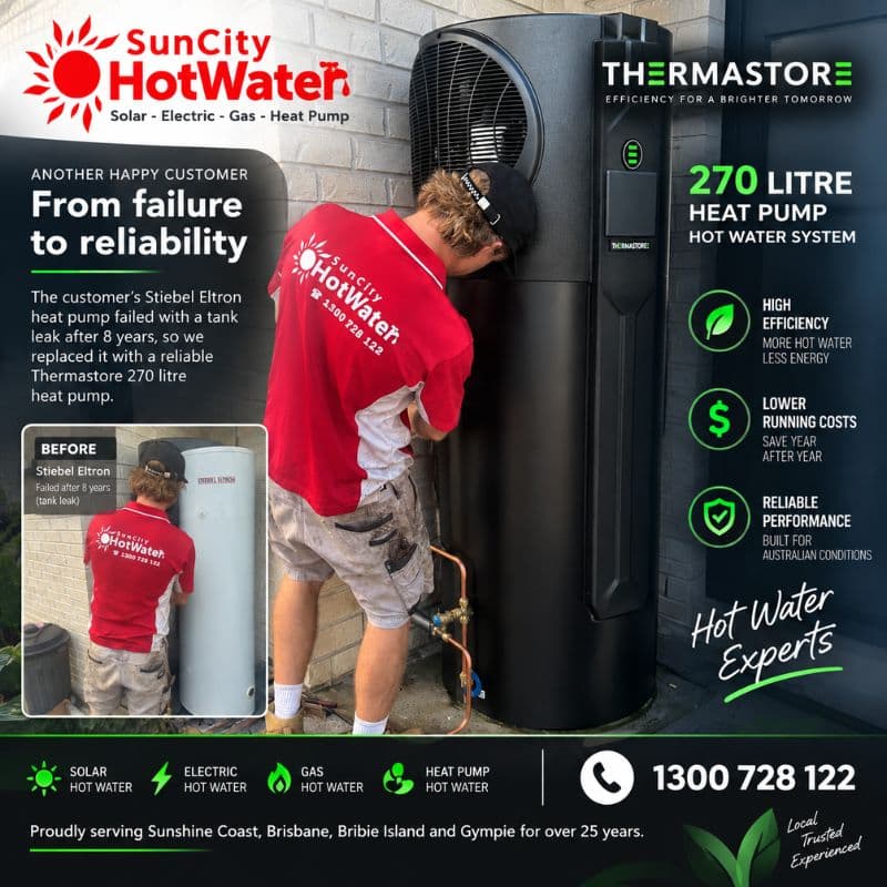 SunCity Hot Water staff installing a new Thermastore Heatwave 270 heat pump and replacing an old hot water system in Brisbane