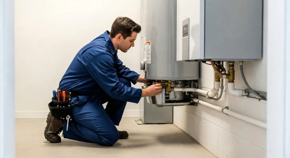 Technician installing water heater
