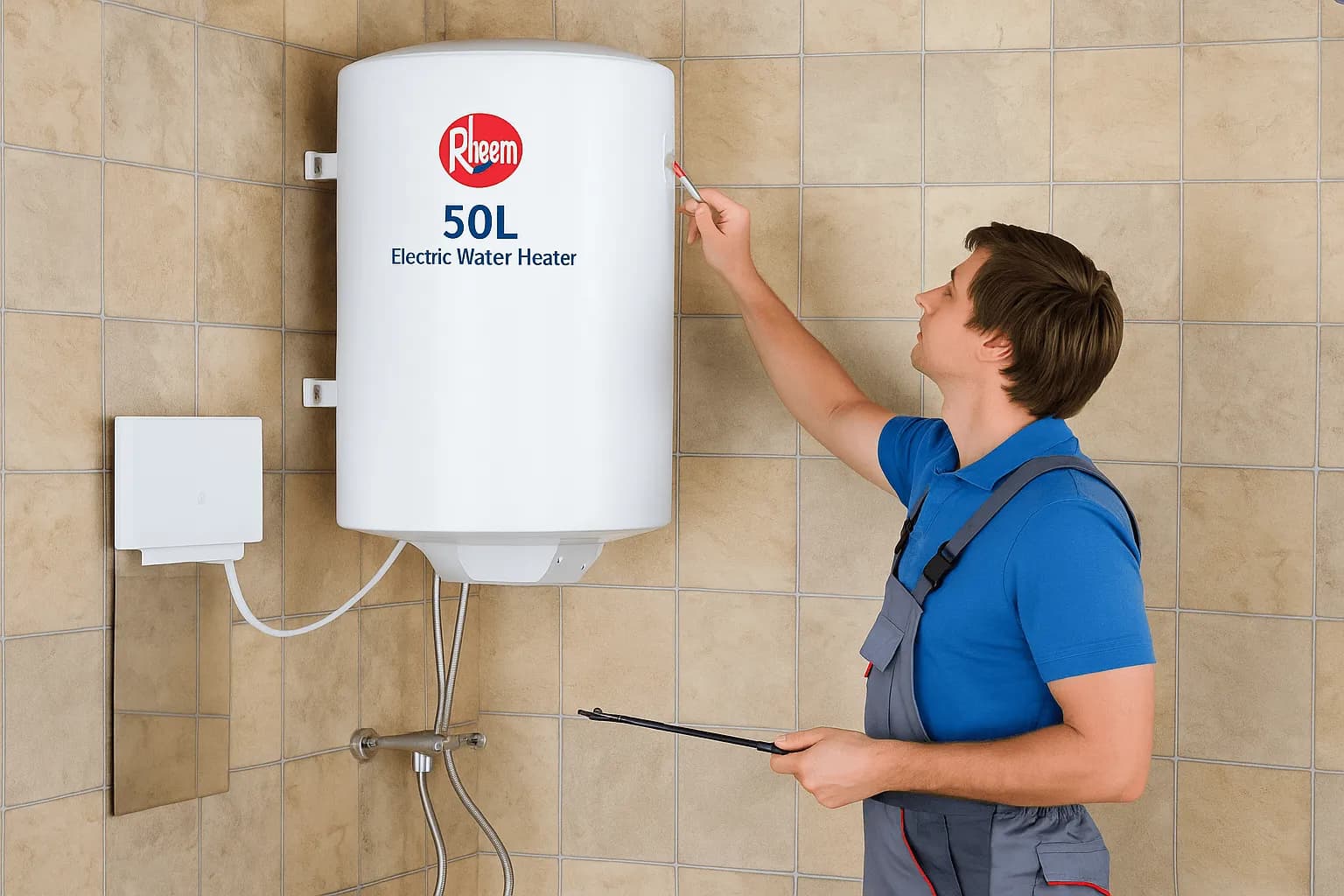 Rheem 50L Electric Water Heater with recessed plug fittings for space saving