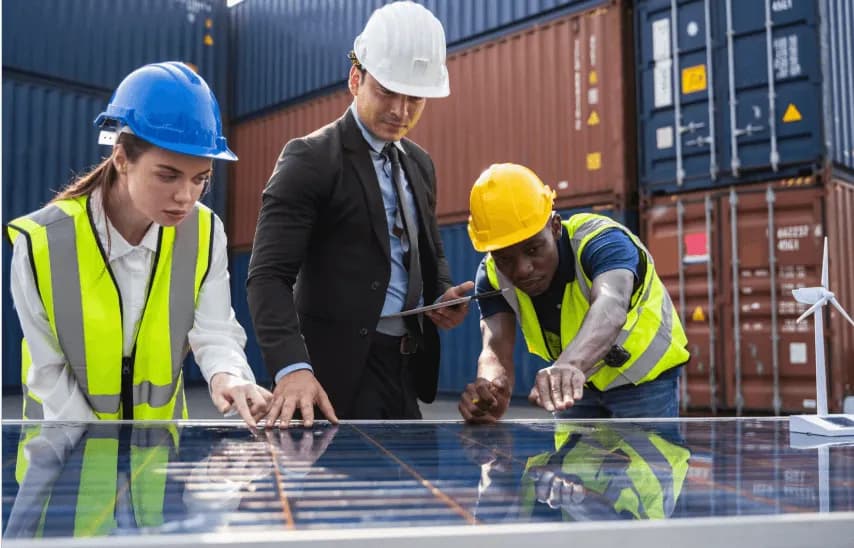 Rooftop solar power plant engineers and technician team