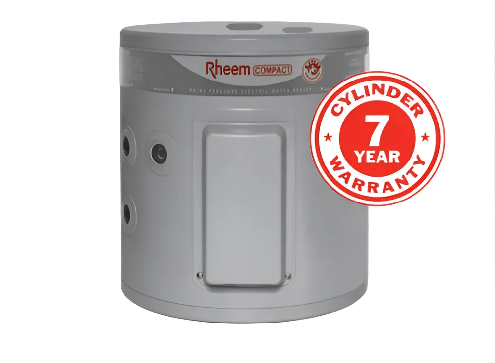 Rheem Compact 25L Electric Water Heater with 7-year cylinder warranty and comprehensive parts and labour coverage for reliable home use.
