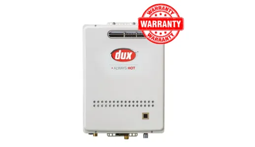 Dux Prodigy 32L Continuous Flow Water Heater with warranty badge