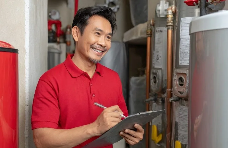 Person checking the energy-efficient Vulcan 160L Electric Water Heater to optimize off-peak operation and reduce energy costs.