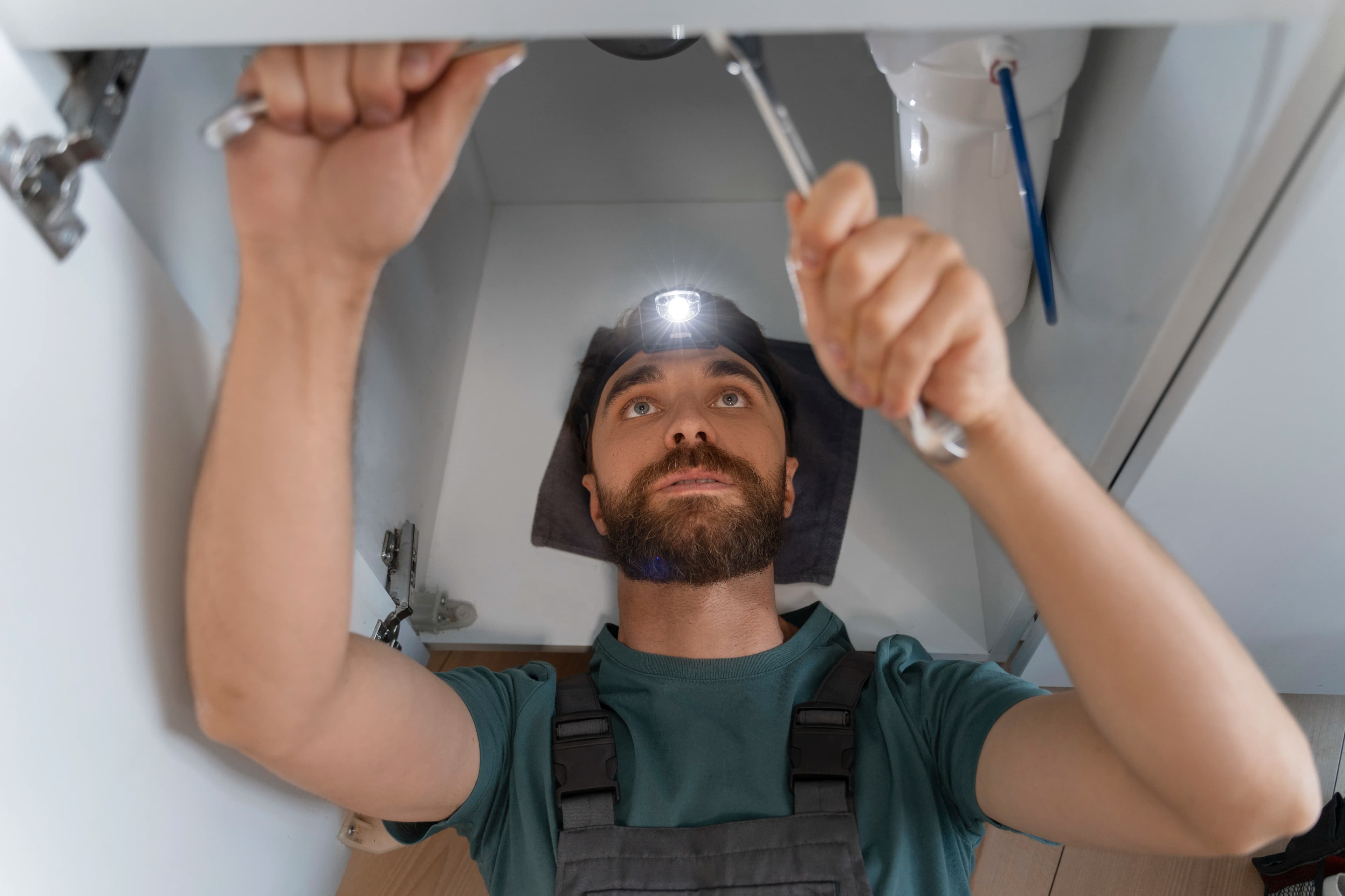 High Angle Man Working as Plumber