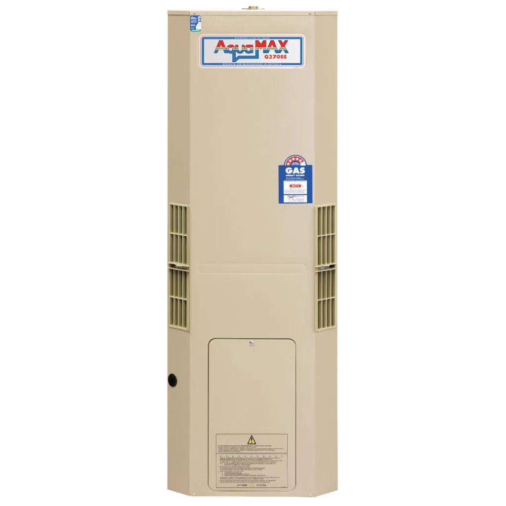 AquaMAX G270SS gas storage water heater with 270-litre capacity, durable stainless steel design, and energy-efficient hot water solution for Australian homes.
