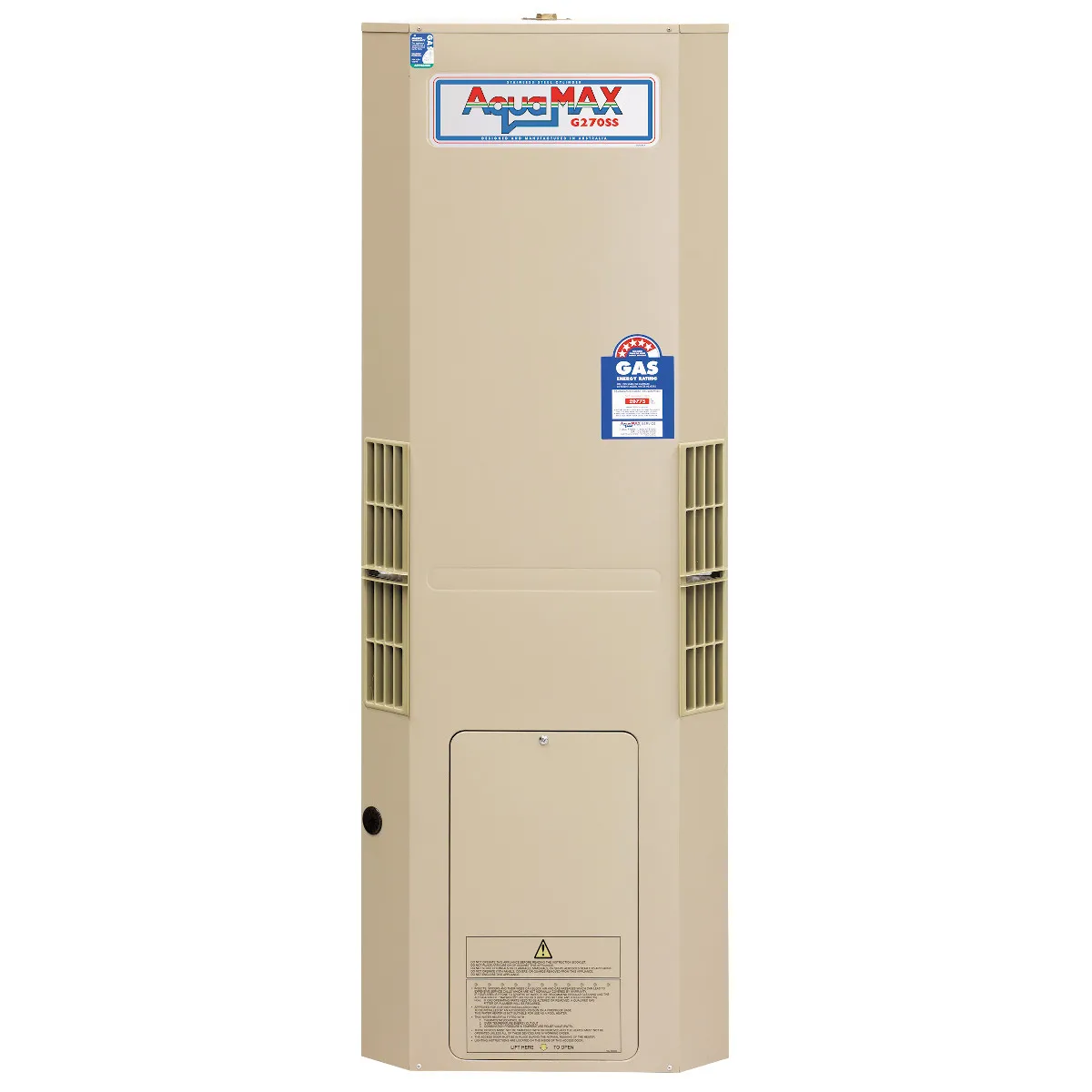 AquaMAX G270SS gas storage water heater with 270-litre capacity, durable stainless steel design, and energy-efficient hot water solution for Australian homes.