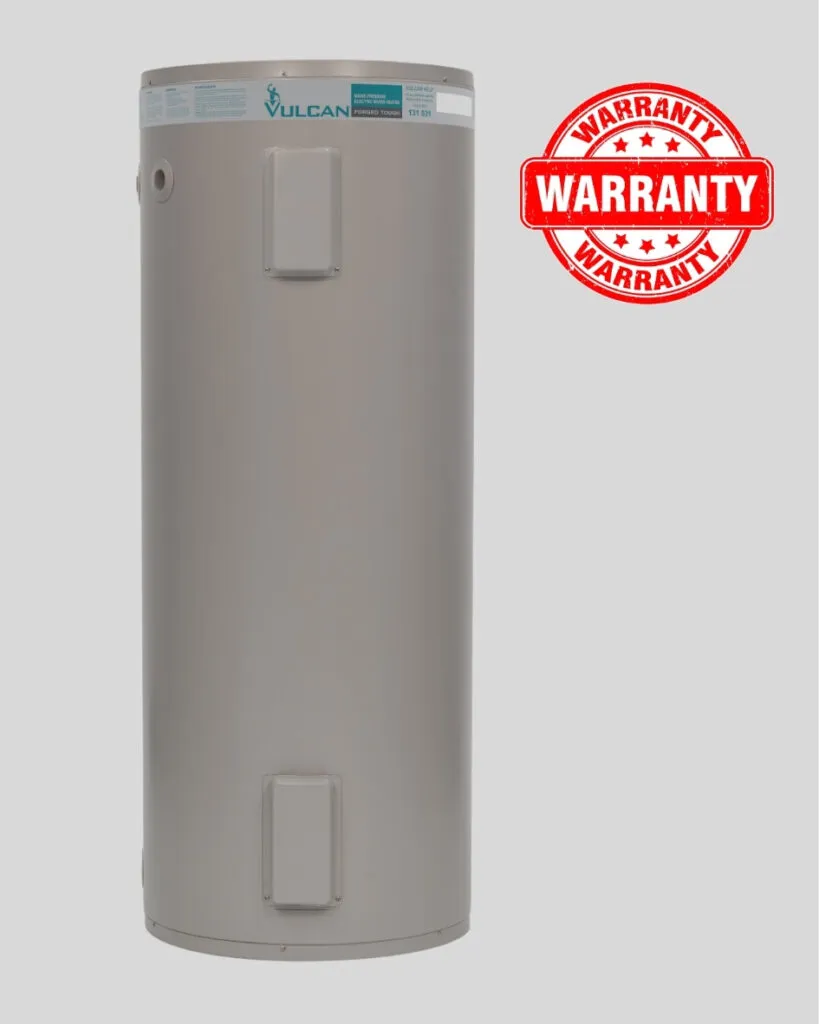 Vulcan 315L electric water heater with a red warranty badge