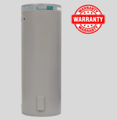 Vulcan 400L electric water heater with a red warranty badge
