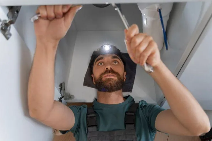 plumber performing maintenance holding tools