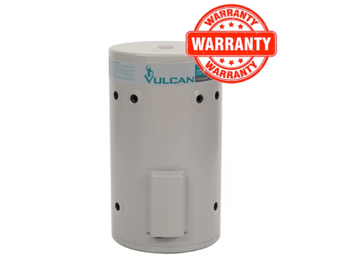 Vulcan 50L electric water heater with a red warranty badge
