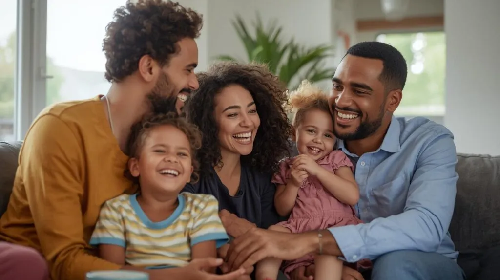 happy diverse family sitting together in a living room