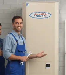 A smiling technician standing next to a water heater, giving a thumbs up. A smiling technician standing next to a water heater, giving a thumbs up.