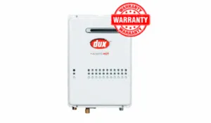Dux Prodigy Always Hot Condensing Continuous Flow Water Heater with warranty badge